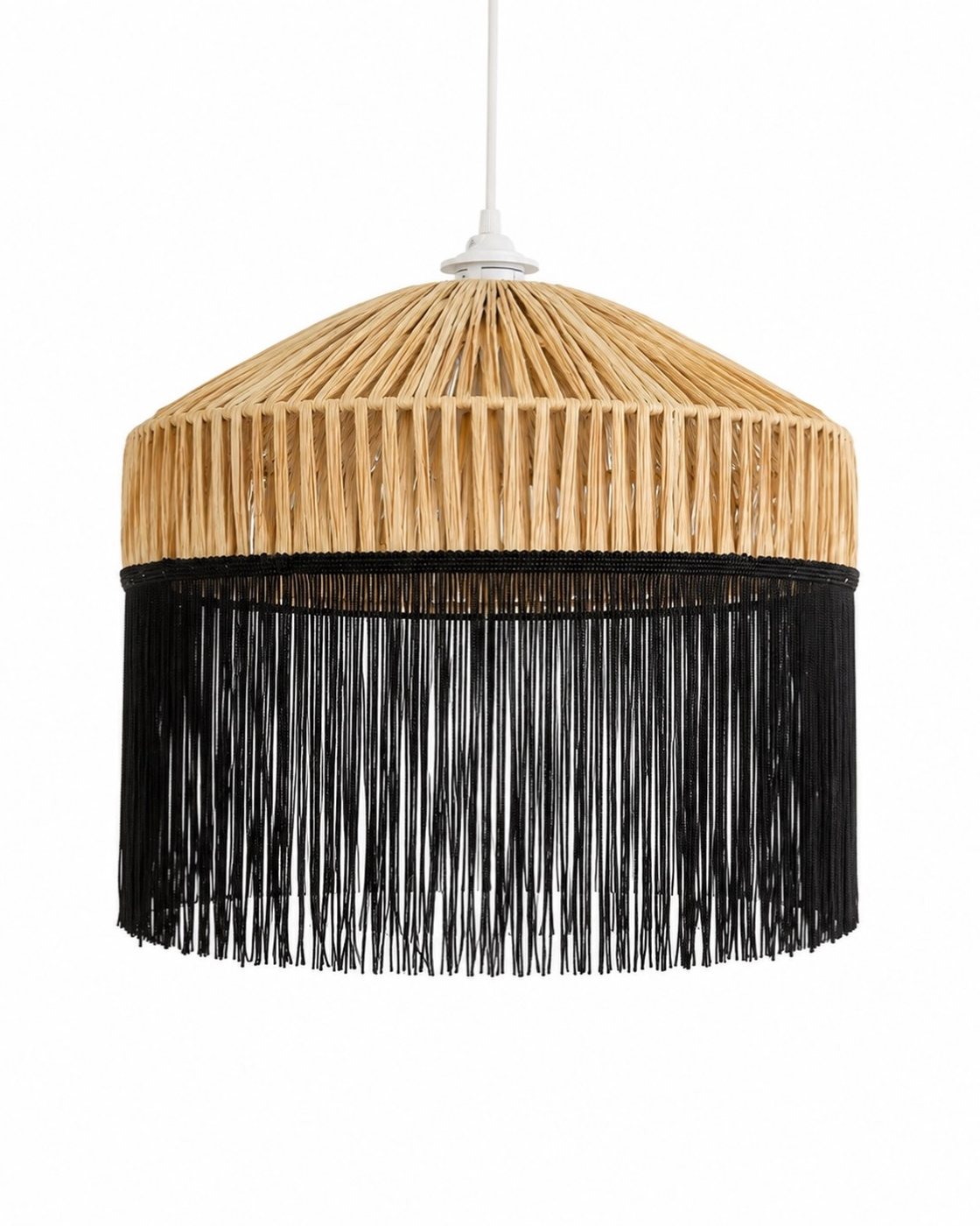 Rattan Dome Pendant Light with Black Fringe
