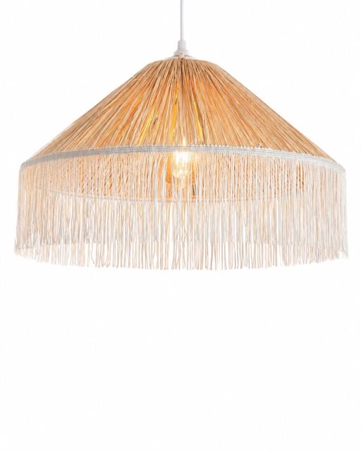 White-Fringe Raffia Cone Pendant Light